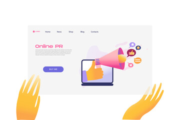 Flat cartoon icon with online PR business landing page template for concept design with characters. Pink purple style with hands infographic metaphor illustration with notebook, likes, speaker, horn