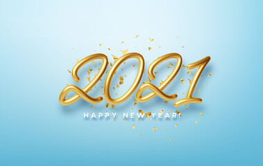 Realistic 3d inscription 2021 with golden confetti isolated on blue background. Golden shiny lettering. Vector illustration