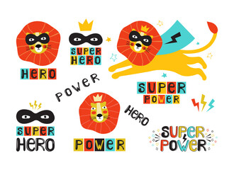 Lion super hero in a black mask and cape. Leo face in a crown. Hand drawn vector illustration with the lettering phrase super power, hero. Cartoon character animal. Design for poster, sticker, t-shirt
