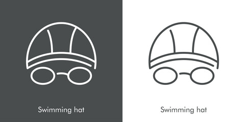 Fototapeta premium Concepto deportes de verano. Icono plano lineal sombrero de natación con gafas protectoras en fondo gris y fondo blanco