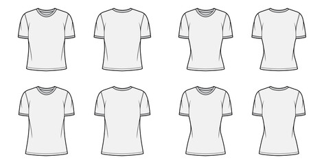 T-shirt technical fashion illustration set with crew neck, fitted and oversized long and regular body, short sleeves, flat. Apparel template front and back grey color. Women, men unisex garment mockup