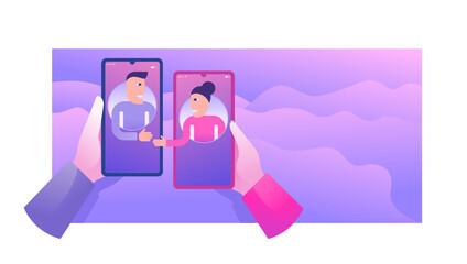 People chatting - messenger chat or dating agency concept  - couple of people (man and woman) talking to each other through two phone screens - social network creative illustration