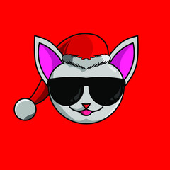 the cute cat cartoon christmas with santa claus cap logo design