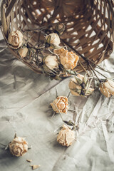 Wicker basket with dry roses. Scattered yellow flowers. - 361481901