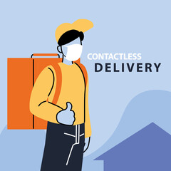 contactless delivery, man courier with face mask and delivery backpack