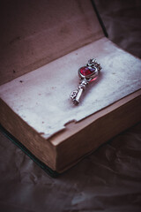Open book with a beautiful metal key. The key to knowledge. Key with a red heart. Love for learning.