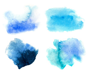 Abstract blue watercolor stain set. Watercolor hand drawn texture for backgrounds, cards, banners.