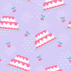 vector seamless pattern on a pastel purple background with cake and cherry and texture