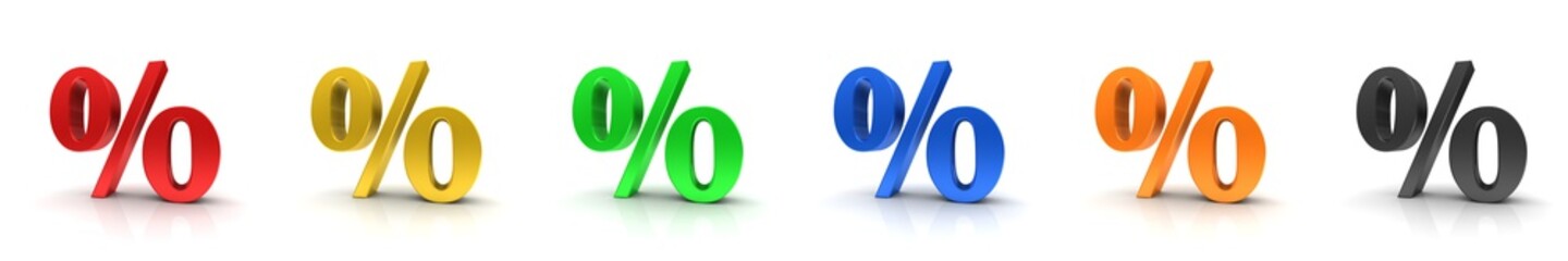 Sale percent percentage discount signs 3d interest rate symbols red gold yellow blue green orange black finance price reduction icon