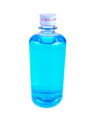 Blue alcohol 70% in bottle on white background. Protection coronavirus.