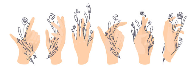 Collection of hands holding flowers or bouquets of flowers.Bundle of floral decorative design elements isolated on white background.Flat vector illustrations for concept hand care, anti-aging cream