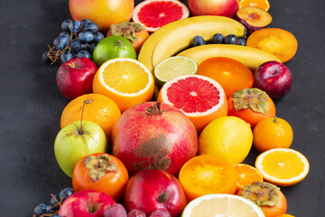 Assortment of exotic fruits. Healthy Food concept background. close up