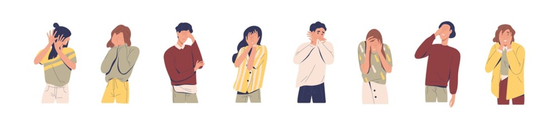 Set of regret or embarrassed people vector illustration. Collection of disappointed man and woman hide face behind hands, demonstrate facepalm gesture or ashamed expression isolated on white - obrazy, fototapety, plakaty