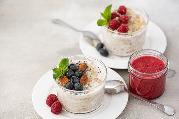 milk oatmeal with berries, honey and berry mousse