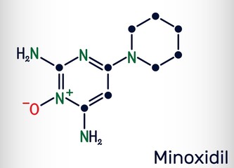 Minoxidil molecule. It is an antihypertensive vasodilator medication, is used to treat hair loss. Structural chemical formula. Vector illustration