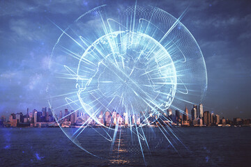 Double exposure of business theme hologram drawing and city veiw background. Concept of success.