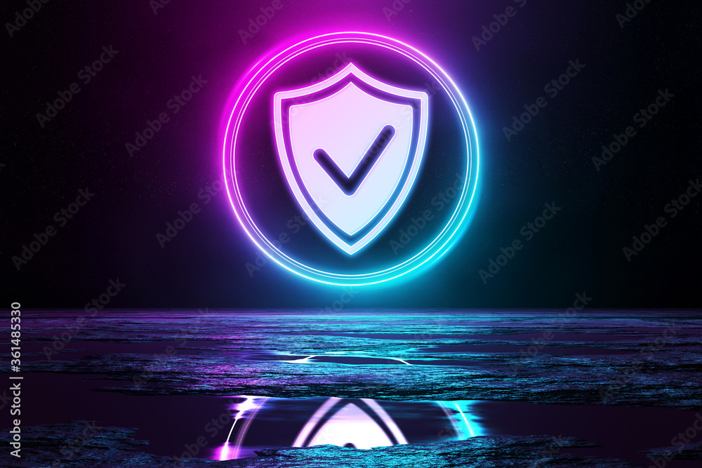 Poster digital cyber security holographic icon illuminating the floor with blue and pink neon light 3d rend