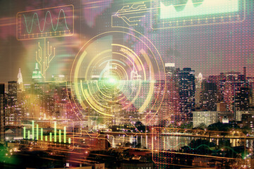 Data theme hologram drawing on city view with skyscrapers background double exposure. Ai concept.