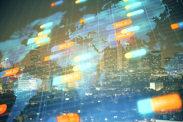 Data theme hologram drawing on city view with skyscrapers background multi exposure. Ai concept.