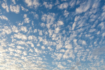 Naklejka na ściany i meble Blue sky with many little white clouds. Natural background.