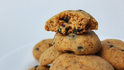 Homemade chocolate chip cookies. Isolated in white background.
