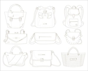 Female handbags set. Isolated woman hand bag beauty line contour drawings. Lady handbag, clutch, backpack with handle, shoulder strap icons. Beautiful female fashion accessory glamour collection