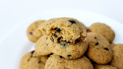 Homemade chocolate chip cookies. Isolated in white background.