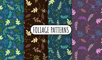 Set of abstract leaves and herbs retro seamless patterns. Cozy boho templates of stock illustrations for wrapping design, wallpaper, texture. Collection of boho hygge background repeatable tiles