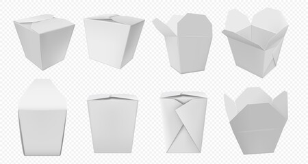Chinese food box. Takeaway food package template for chinese noodle and asian fast food. Takeout carton bag set for lunch mock up isolated on transparent background. Cardboard box for delivery service