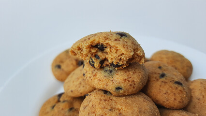 Homemade chocolate chip cookies. Isolated in white background.