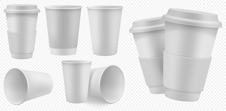 Coffee cup paper. Blank white coffee cup template with cardboard holder and plastic lid. Takeaway pack set for hot drink mock up isolated on transparent background. Disposable takeout package of cafe.