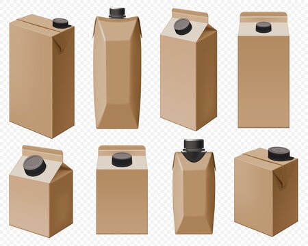 Craft dairy pack. Brown milk box and juice cardboard bottle packaging isolated. Drink package set for liquid product. Blank paper pack