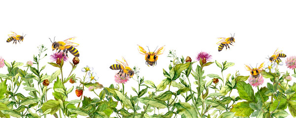 Honey bees in meadow flowers, summer grasses. Seamless floral border. Watercolour - 361487504
