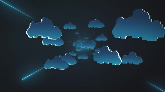 Flight through pixelated computing clouds - Seamless loop background animation