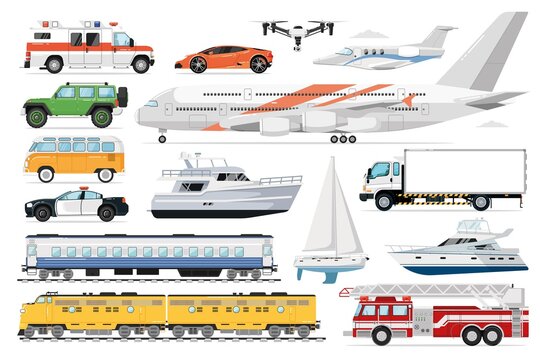 Public transport vector. Passenger vehicle. Isolated public train, ambulance, police car, automobile, bus, airplane, fire truck, drone, yacht transport icon collection. Road, air, maritime transport