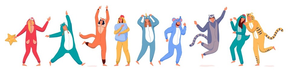 Costume party. Happy people wearing animal costume onesies set. Young men and women cartoon characters in kigurumi dancing, jumping and having fun at pajama party collection