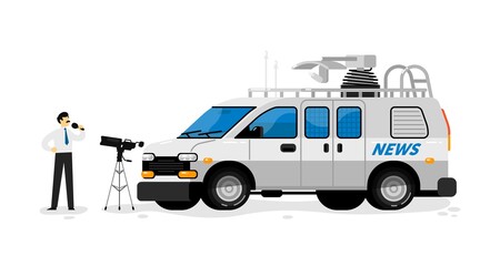 Broadcast van. Isolated broadcasting communication transport. Television channel van auto vehicle with satellite antenna for live news information broadcast. Reporter man reporting on camera