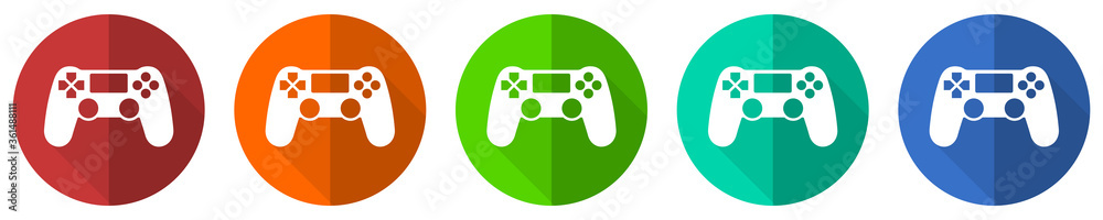 Poster wireless gaming controller icon set, gamepad, red, blue, green and orange flat design web buttons is