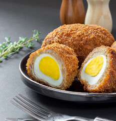 Traditional UK food, Scottish eggs, meatballs stuffed with egg in breadcrumbs.