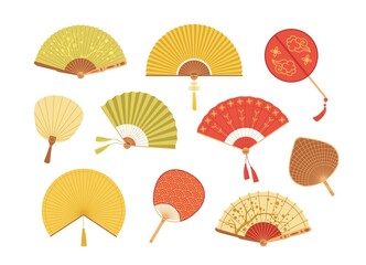 Fototapeta Set of Asian paper and textile fans vector illustration. Collection of colorful realistic Japan and Chinese traditional accessories isolated on white. Vintage folding fan with design elements obraz