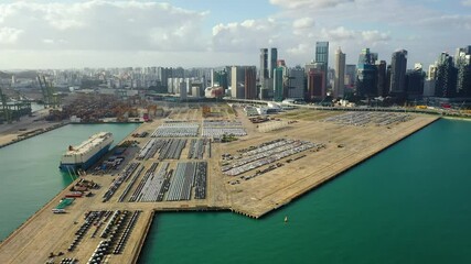 Drone Aerial view 4k Footage of Shipping Containers In Port Of Singapore. Shipping Container Terminal In Singapore City