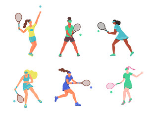 Fototapeta na wymiar Young women play tennis. A set of flat characters isolated on a white background. Vector illustration
