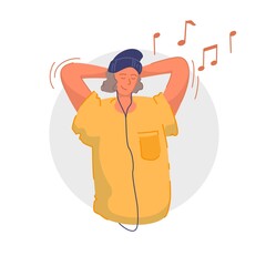 Enjoying music. Smiling teenager listening to music, relaxing and having fun. Music lover wearing earphones and enjoying modern song audio sound