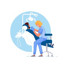 Dentist office. Doctor stomatologist woman using tools, examining or treating man patient teeth. Person in chair visiting dentist in dental clinic office. Stomatology, healthcare, dentistry concept