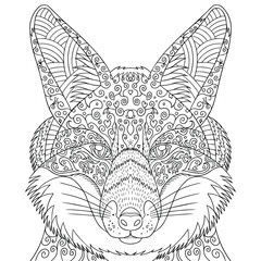 Coloring page for adults. Fox head with doodle and zentagle elements. Vector outline animal's illustration. Isolated line art.