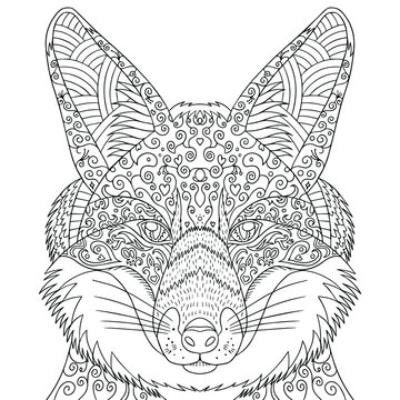 Coloring page for adults. Fox head with doodle and zentagle elements. Vector outline animal's illustration. Isolated line art.