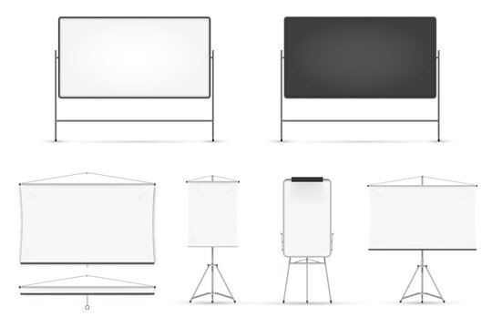 Board set. Realistic blank magnetic board with metal frame, on tripod, hanged on wall set isolated on white background. Vector whiteboard for seminar, presentation, training, education illustration