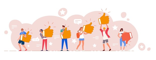 Obraz na płótnie Canvas Customer review. Different people giving online review rating and positive or negative feedback Customer character holding thumbs-up and thumbs-down sign set. Survey and support vector illustration