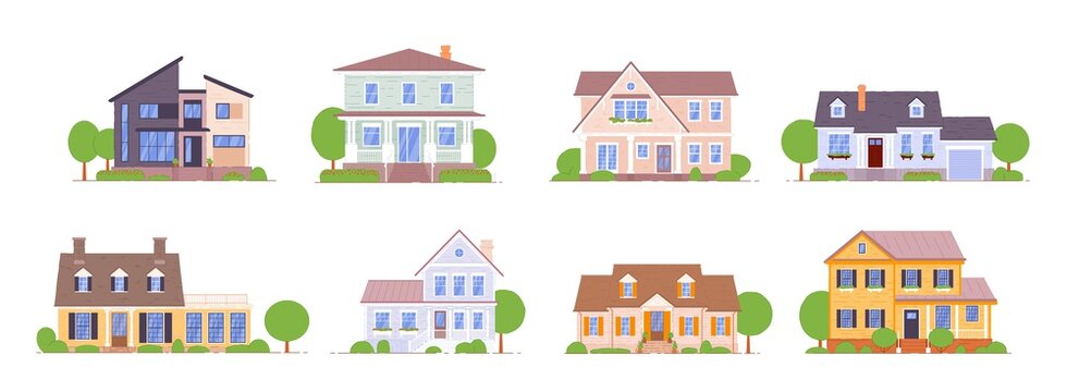 Suburban house. Urban and suburban cottage, town house icon set isolated on white background. Residential mansion building exterior facade. Real estate vector. Architectural design illustration