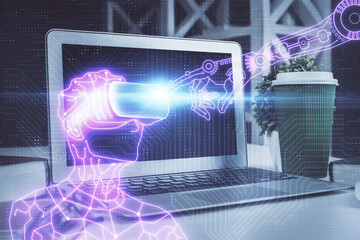 Computer on desktop with AR theme icon. Multi exposure. Concept of augmented reality.